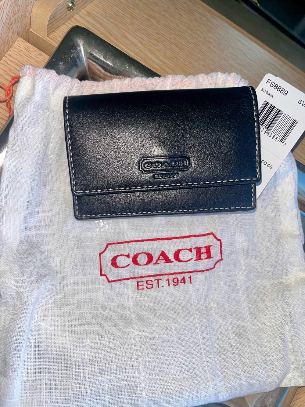 Coach Black Leather Card holder/Wallet with White Stitching